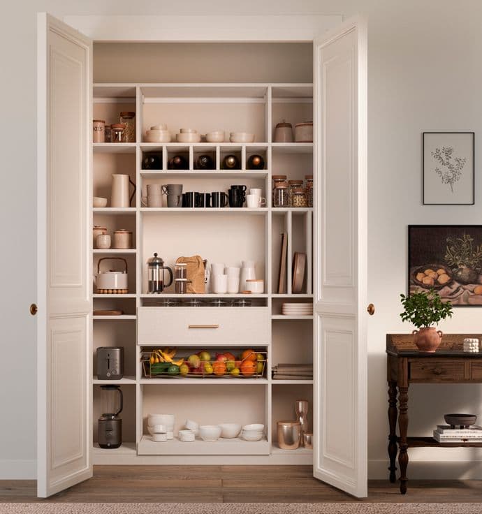 Reach in kitchen pantry storage with custom shelves, cubbies in white wood grain finish by California Closets
