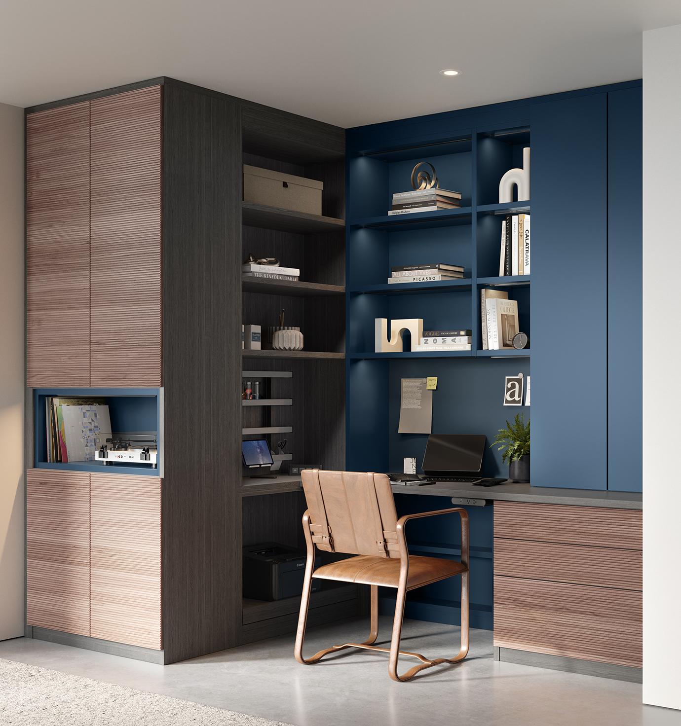 Compact home office corner with built in desk and custom shelves California Closets