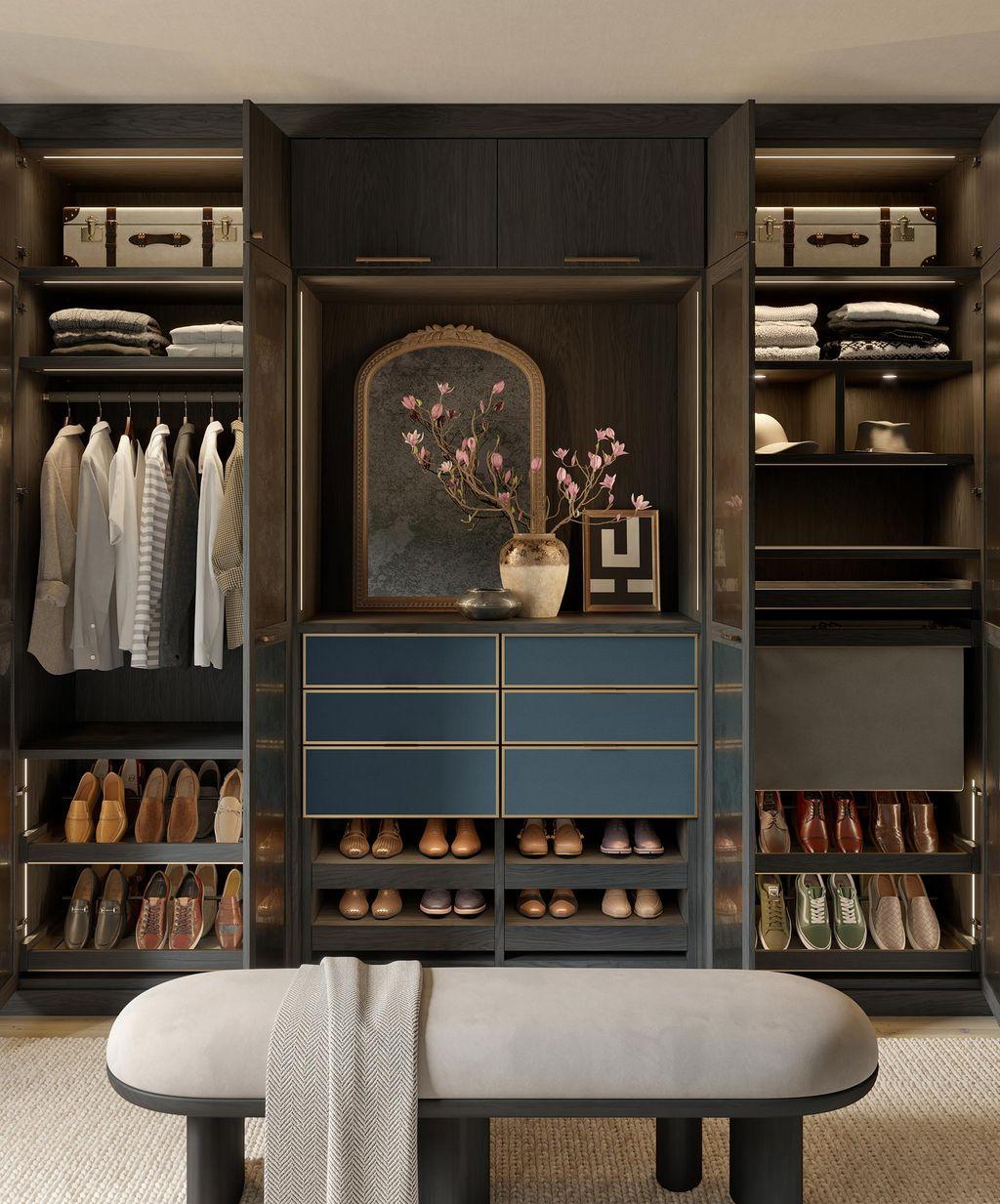 Walk in closet in dark wood finish with ecoresin door insers and center seating by California Closets
