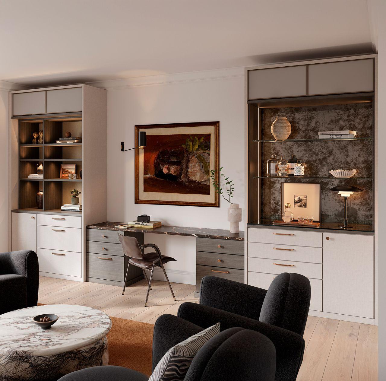 Living space and home office with custom glass shelving and cabinets created by Jeremiah Brent for California Closets