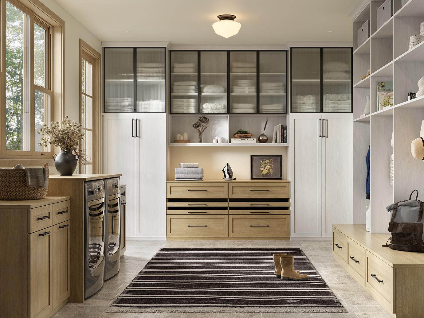 Entryway combined laundry room storage design cabinets and drawers by California Closets