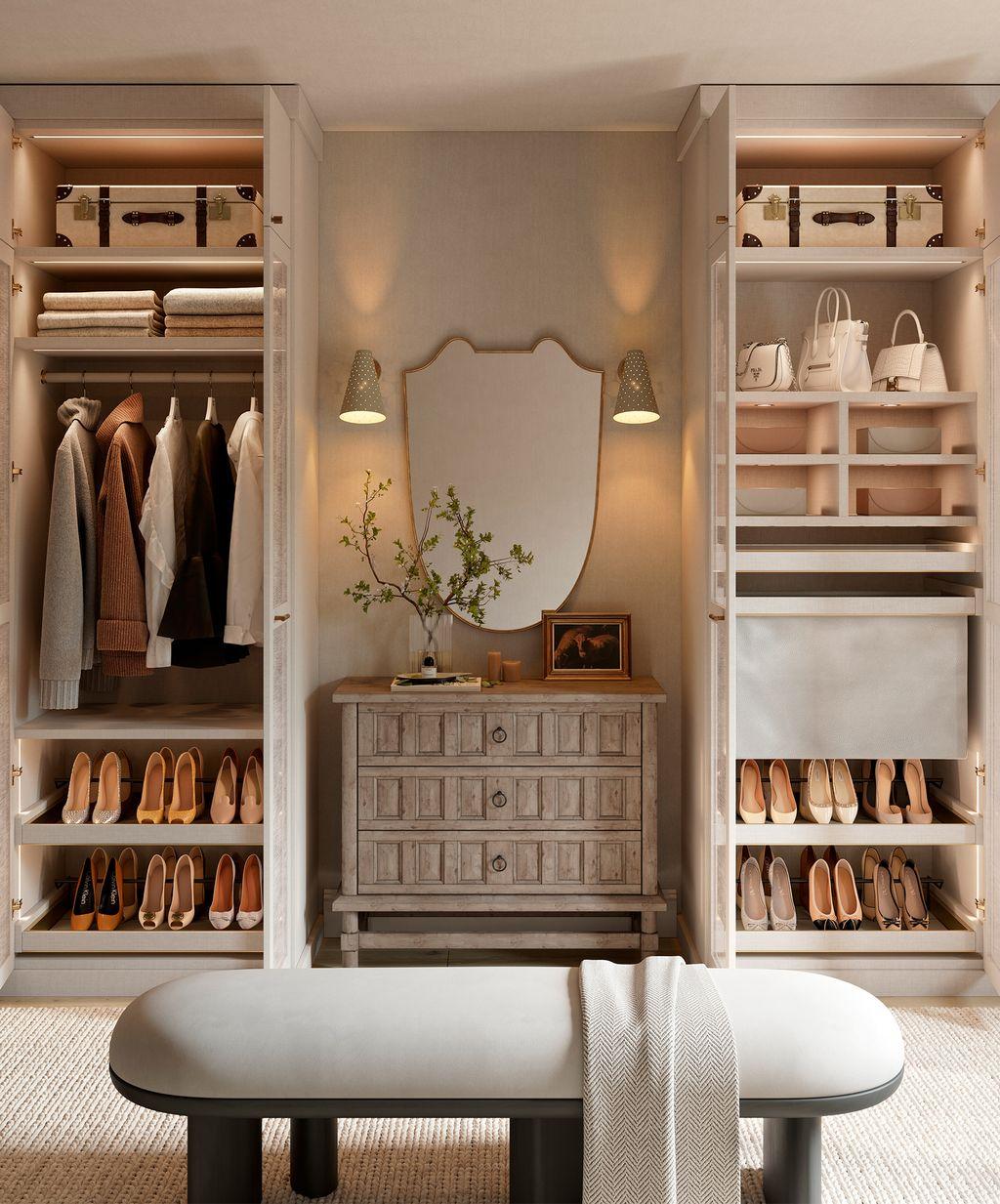 Ceiling to floor custom cabinets in from specialty materials and lights from California Closets