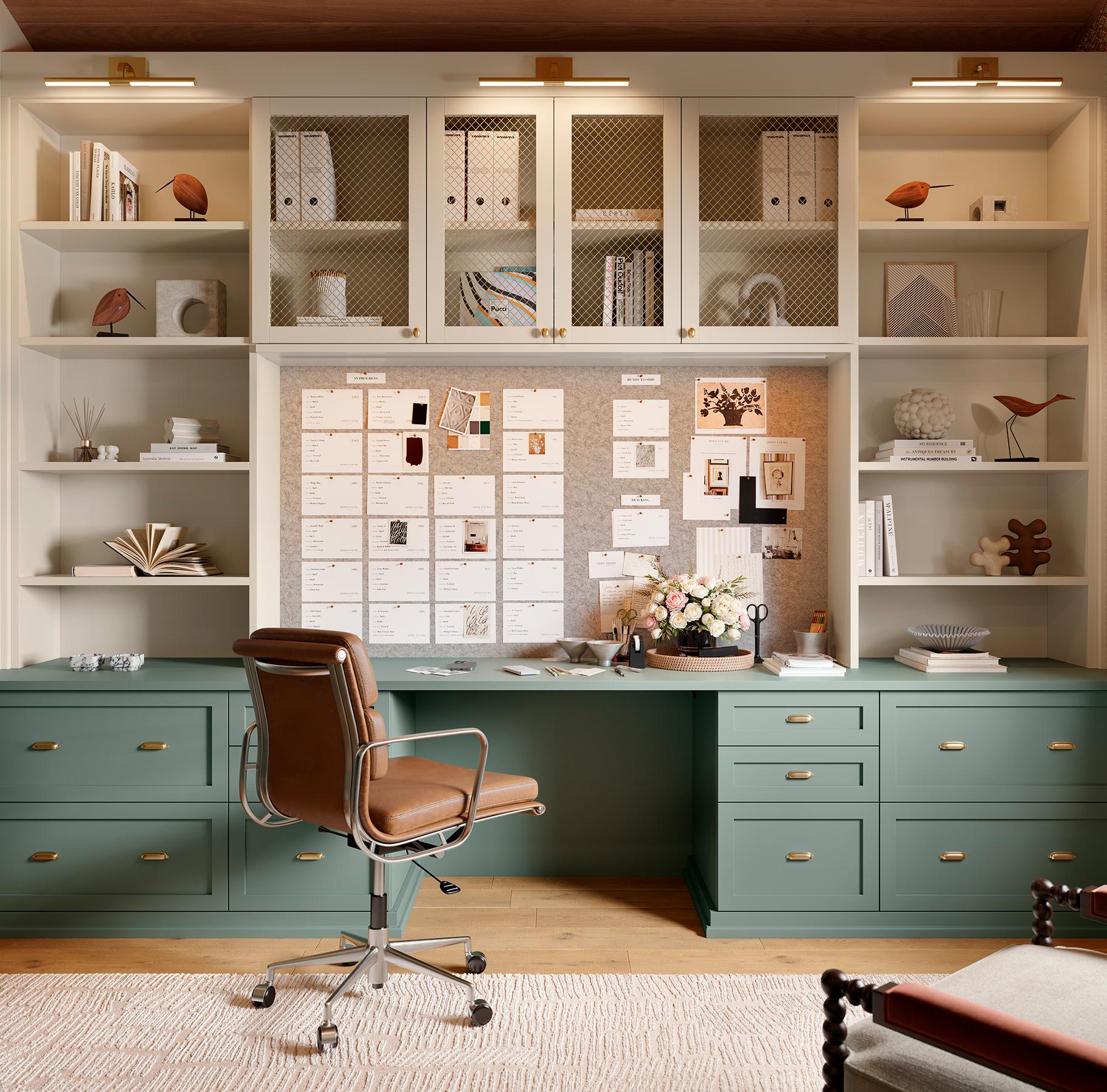 Home office desiged with vertical storage cabinets, glass doors and green finish by California Closets