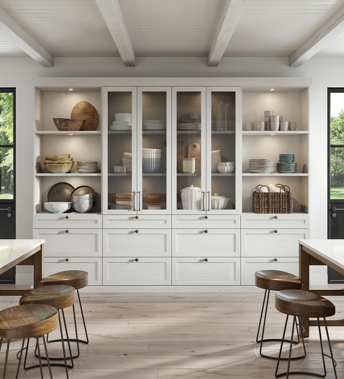 Kitchen cabinet pantry hutch with lighting, custom drawers and cabinets by California Closets