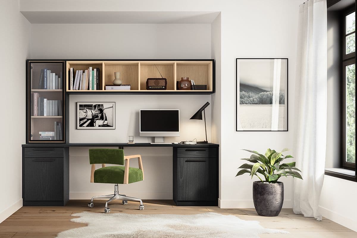 Home office storage cabinets, shelving and desk drawers in dark finish by California Closets. Activate to enhance image.