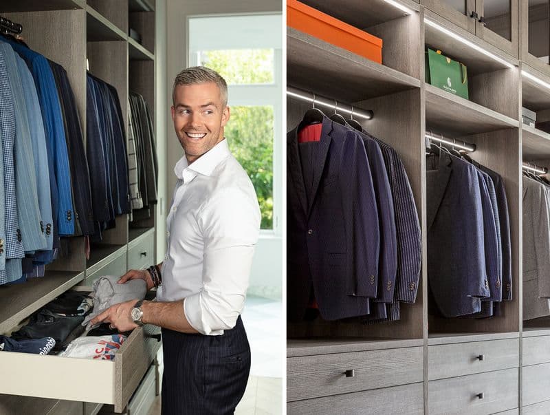 Vestidor de Ryan Serhant diseñado con gabinetes personalizados, cajones, iluminación LED y espacio adicional para colgar ropa por California Closets