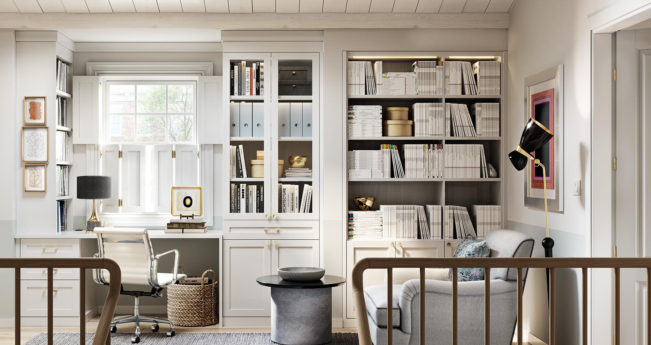 Diseño de oficina rincón con estanterías de biblioteca y escritorio incorporado en acabado de madera natural por California Closets