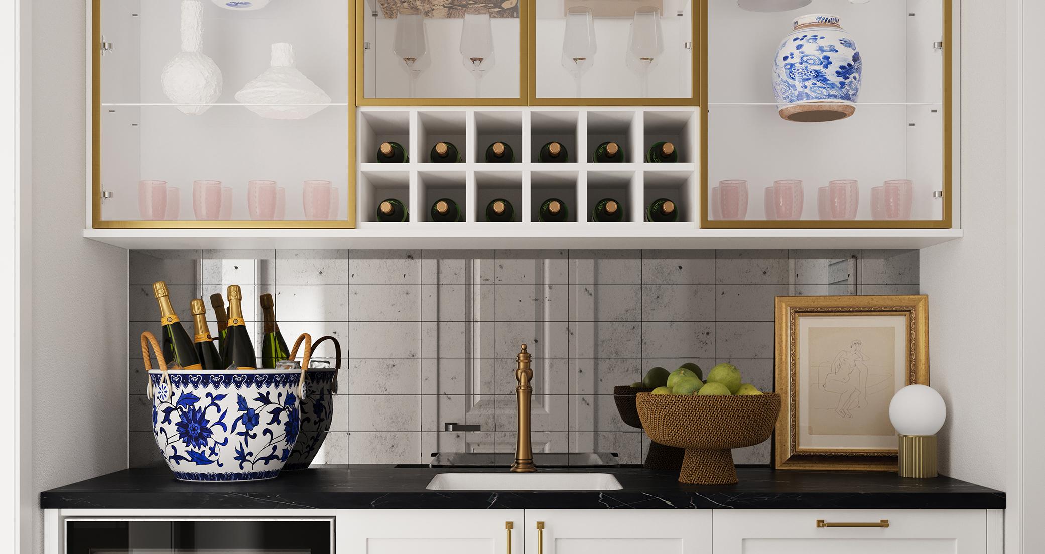 Espacio de entretenimiento en casa con barra de vinos, mostrador de preparación, estantería de vidrio y gabinetes de almacenamiento por California Closets