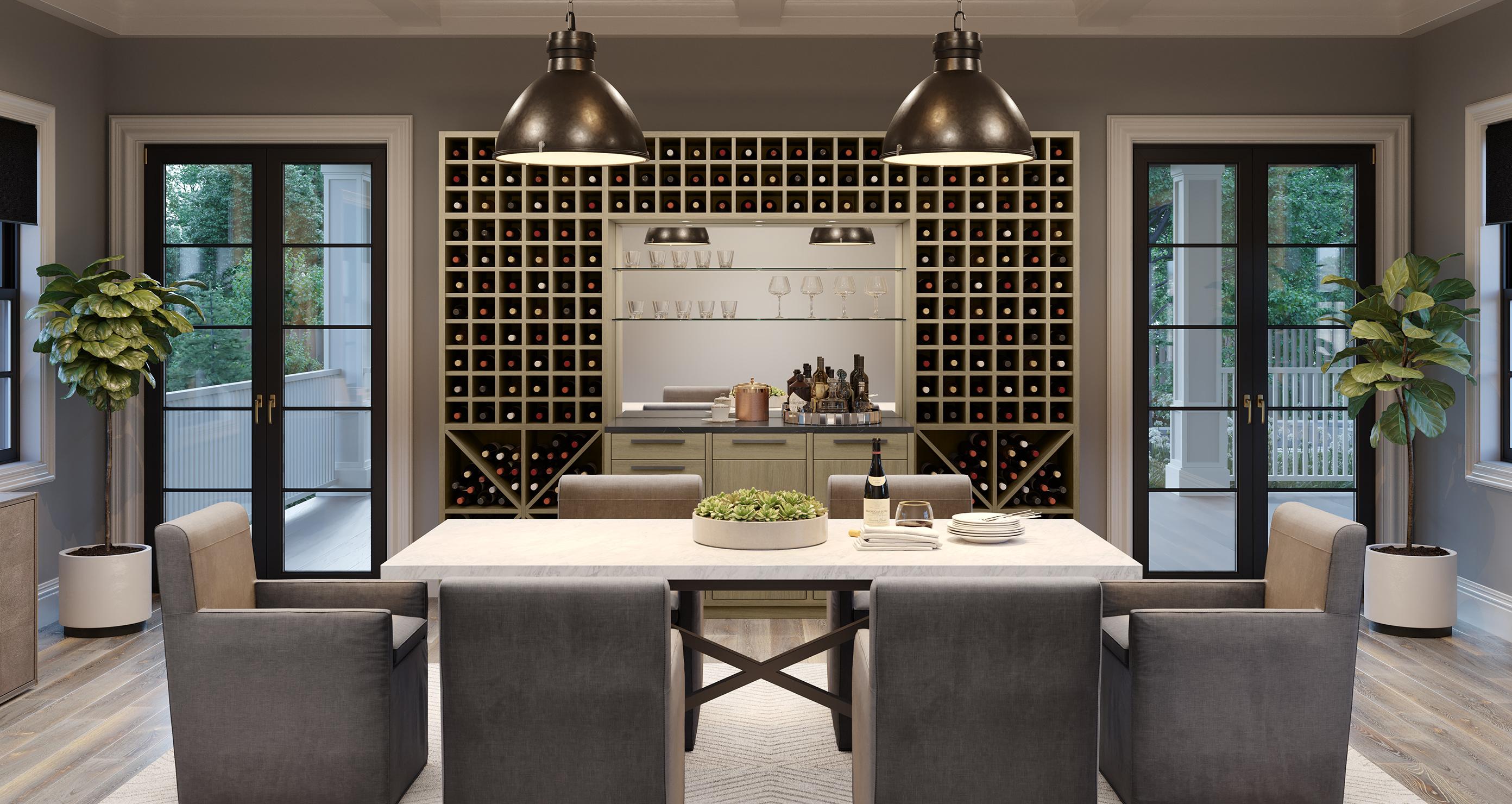 Comedor con despensa y barra de vinos e iluminación LED de California Closets