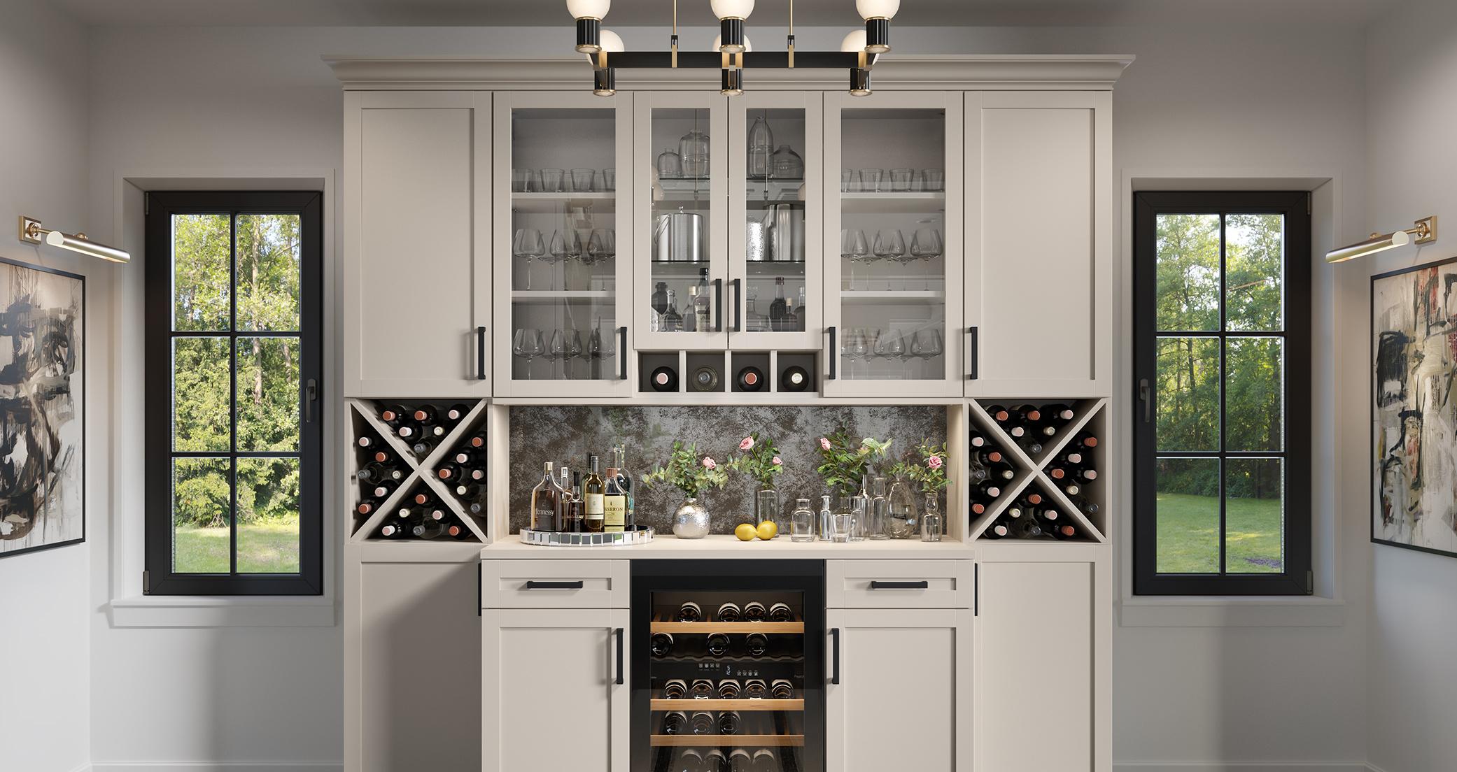 Wine and bar storage in the kitchen has custom cabinets, glass doors, LED lighting, and counter space by California Closets