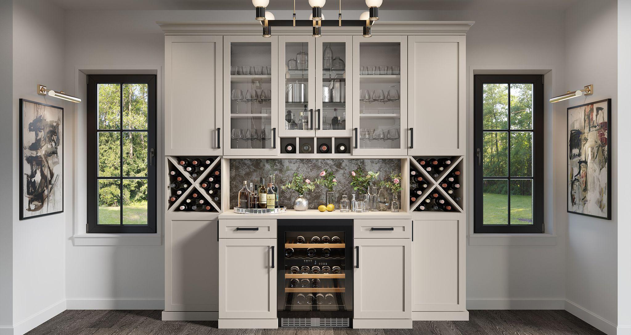 Pantry cabinets with built in shelves, drawers and wine storage in light wood grain finish created by California Closets