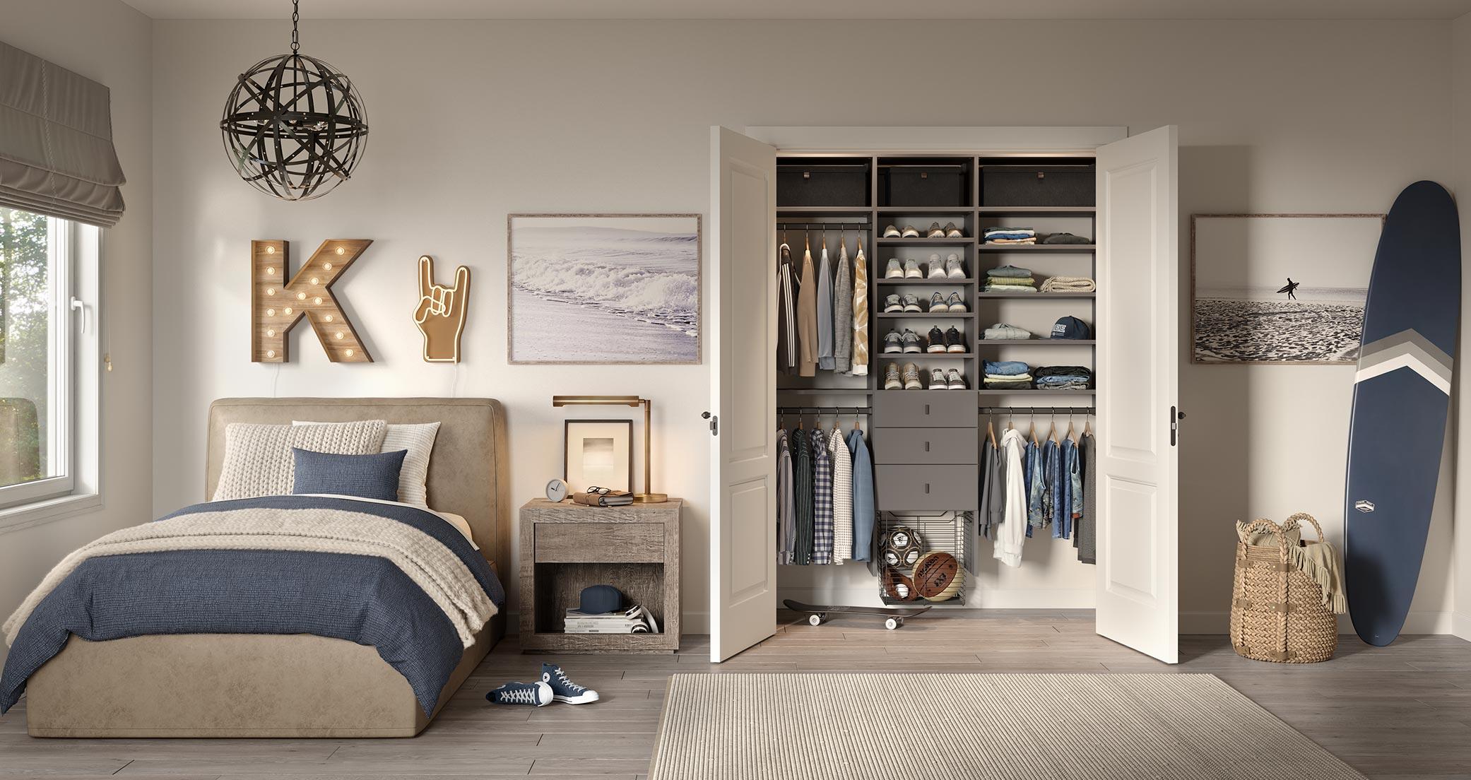 Tween's bedroom reach in closet with open shelving and built in storage drawers by California Closets