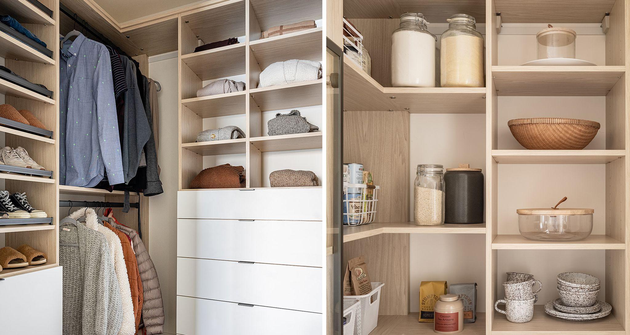 Estanterías a medida para vestidor y despensa en acabados blanco y madera natural creadas por California Closets.