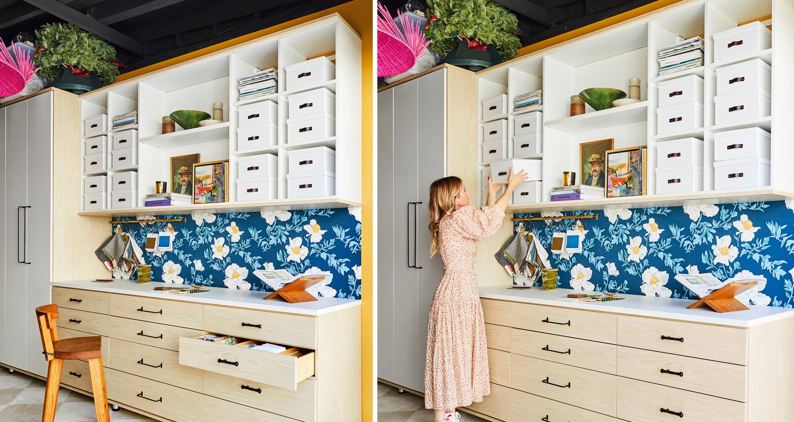 Custom garage cabinet with a built in storage system in a light wood finish featuring Dee Murphy by California Closets