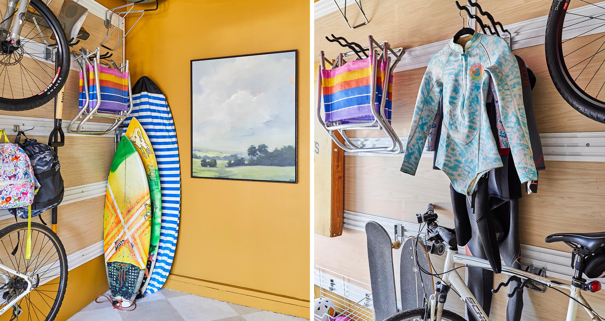 Trastero amarillo personalizado con accesorios de exterior creado para el garaje por California Closets