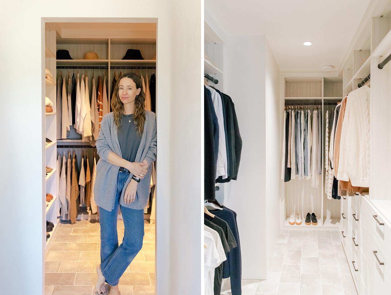 Vestidor de Jenni Kayne con estantes personalizados, cajoneras y zapatero de California Closets