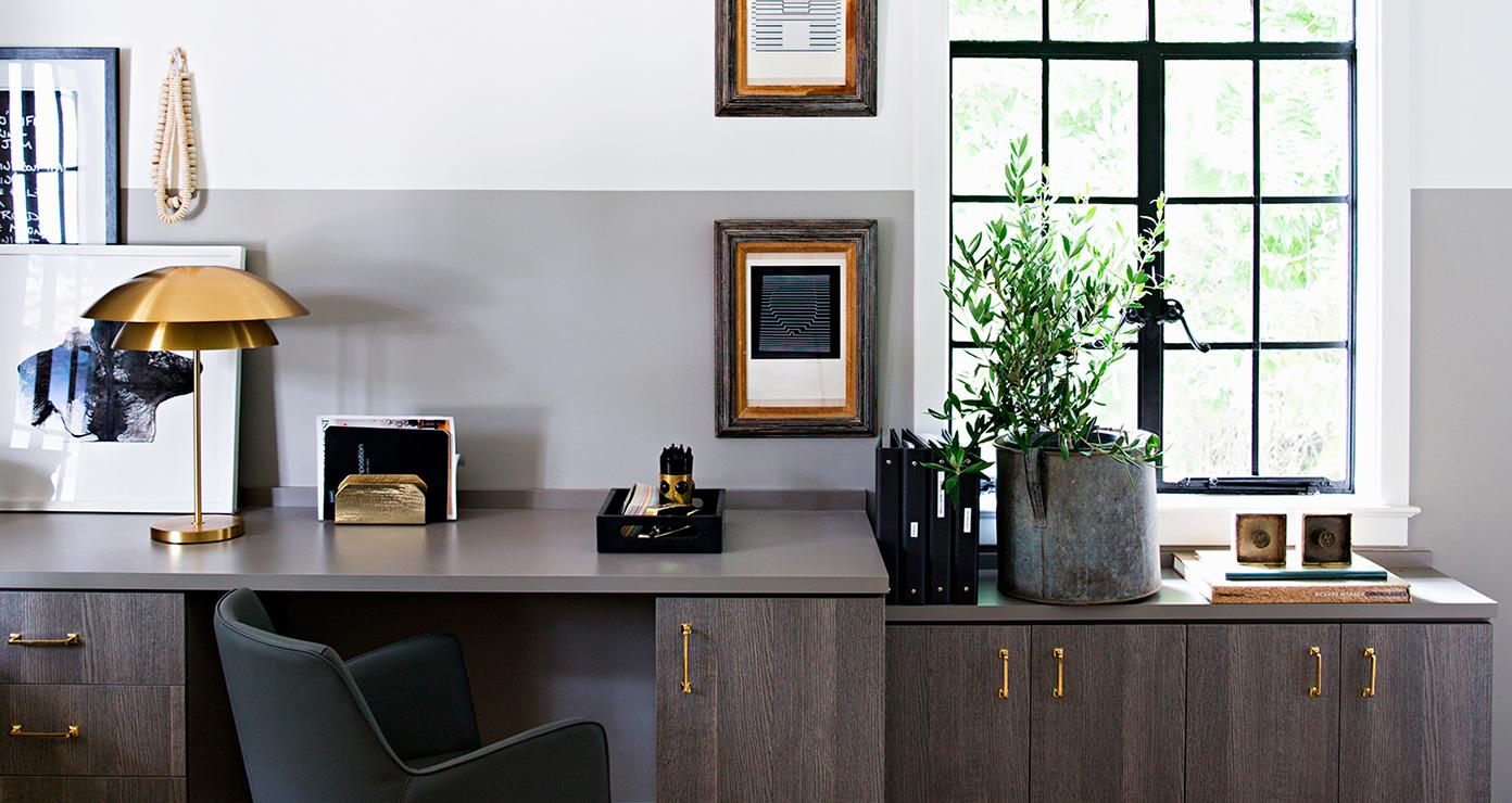 Custom office workspace designed by California Closets for Jeremiah Brent, Queer Eye for the Straight Guy host