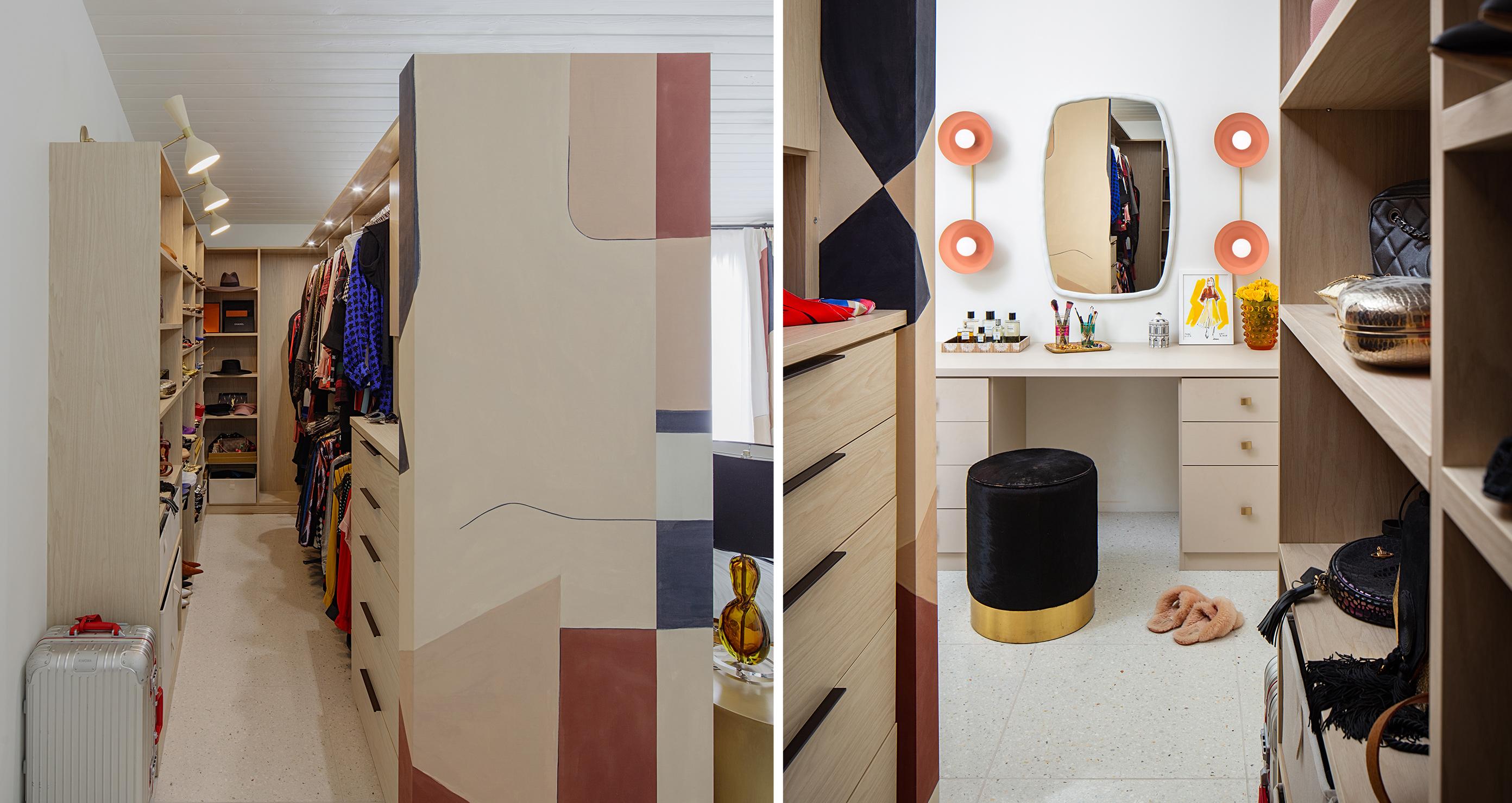 Guns N' Roses, vestidor con gabinetes personalizados, cajones y tocador en un acabado de veta de madera con múltiples patrones de California Closets