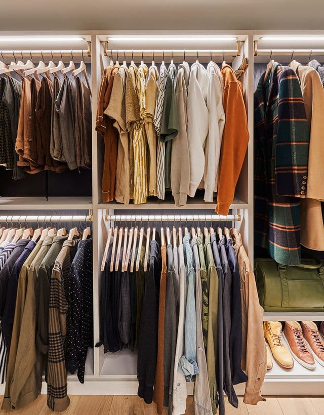 Oficina-armario de diseño personalizado de Bobby Berk, con espacio para colgar ropa y almacenar zapatos, de California Closets