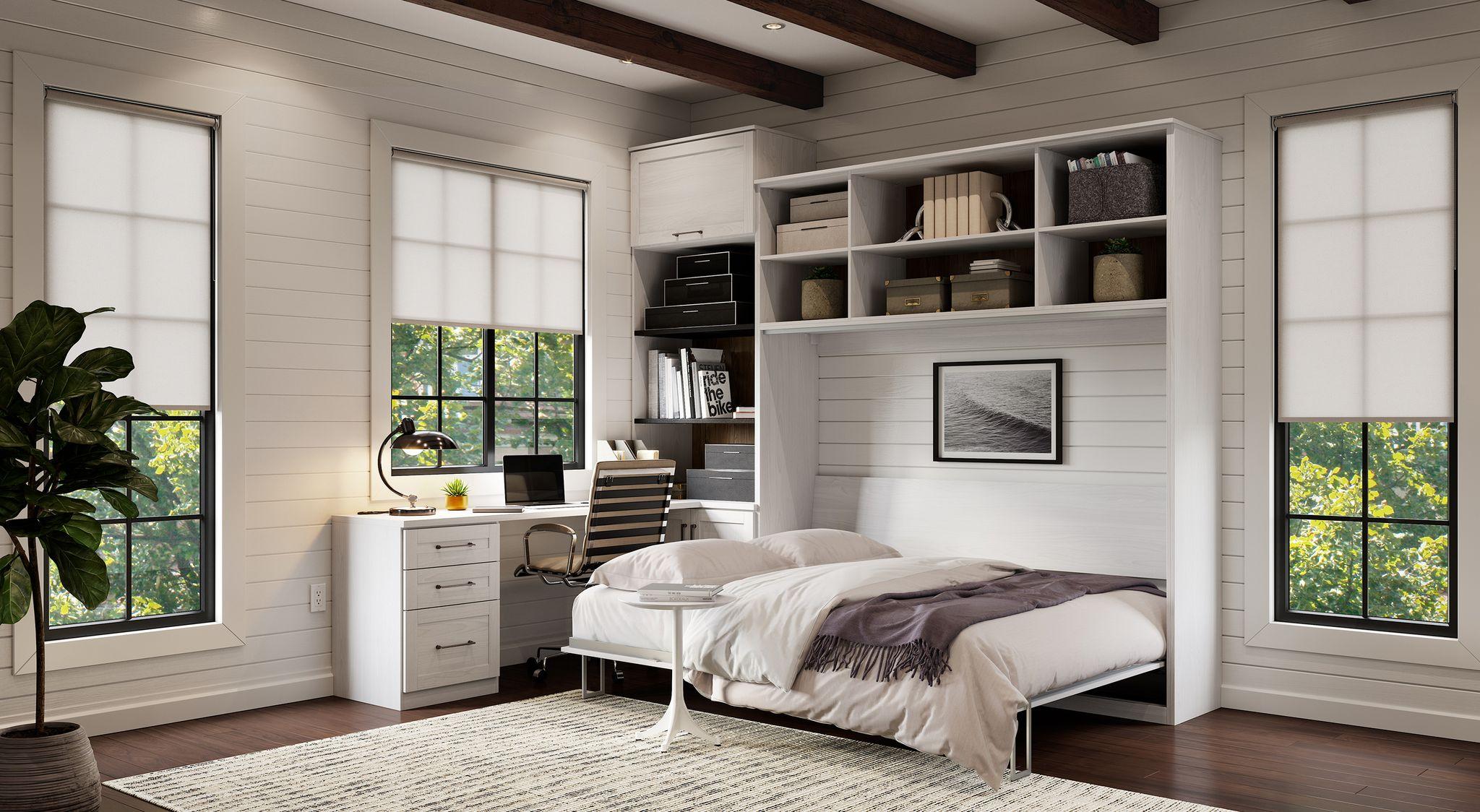 Cama plegable horizontal abierta con escritorio en acabado blanco mate de California Closets