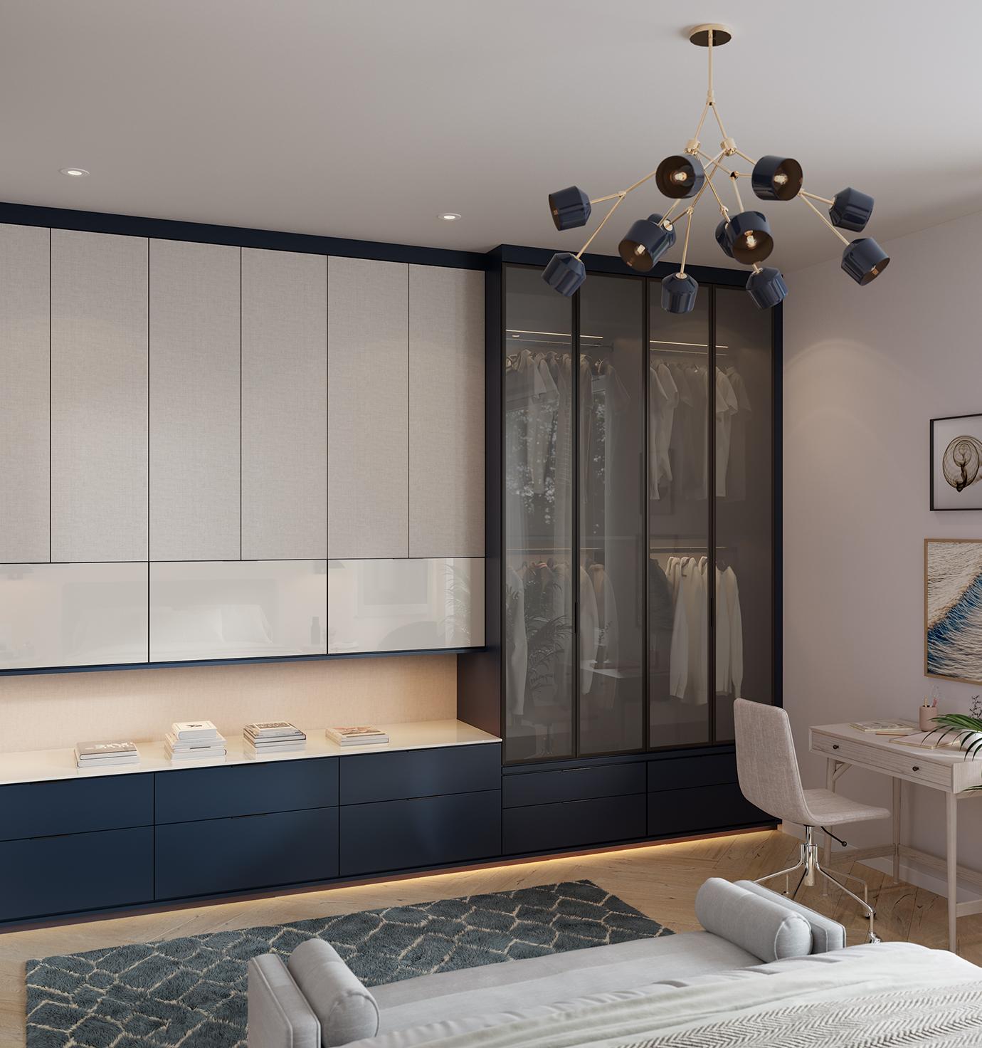 Armario con almacenamiento adicional diseñado en acabado mate azul marino, puertas de vidrio y cajones extraíbles de California Closets