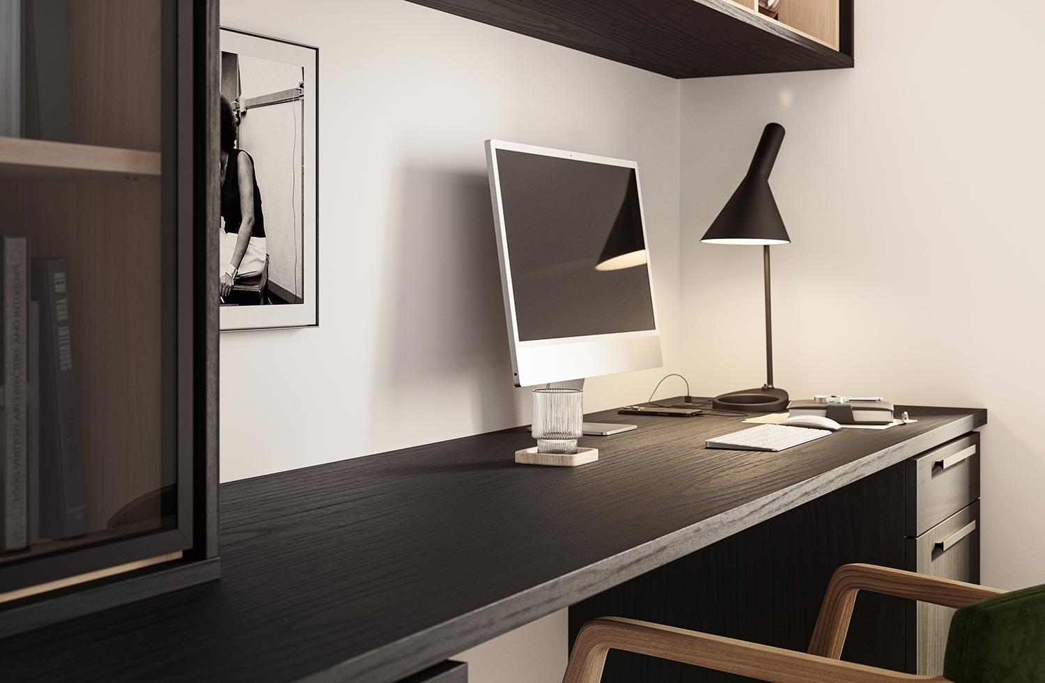 Floating shelves with a built in office desk designed in a dark finish by California Closets