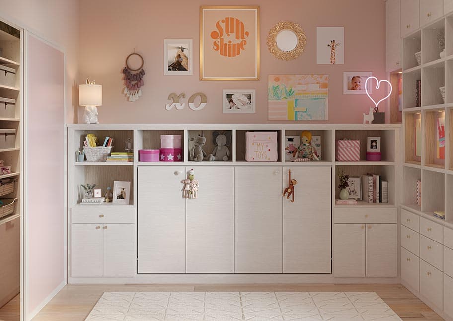 Cama de pared oculta para habitación infantil en tamaño twin con compartimentos para guardar cosas, de California Closets