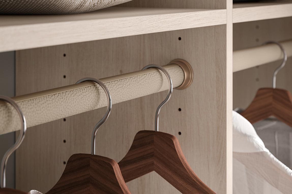 Closet accessory shoe storage organization with round leather pole custom made by California Closets