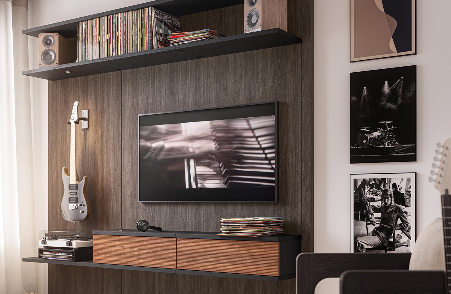 Iluminación LED personalizada para centro de entretenimiento multimedia con almacenamiento para más espacio en su hogar, diseñado por California Closets