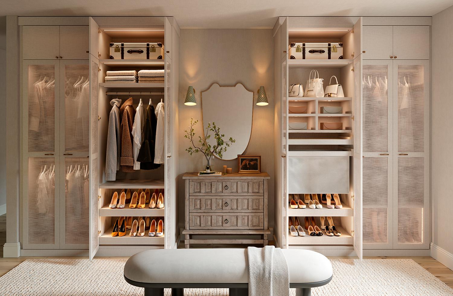 Jeremiah Brent inspired walk in closet design with shoe sheves and vanity by California Closets