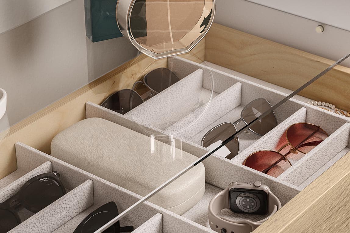 Cajón personalizado para accesorios con diseño de estante superior de vidrio para vasos fabricado por California Closets