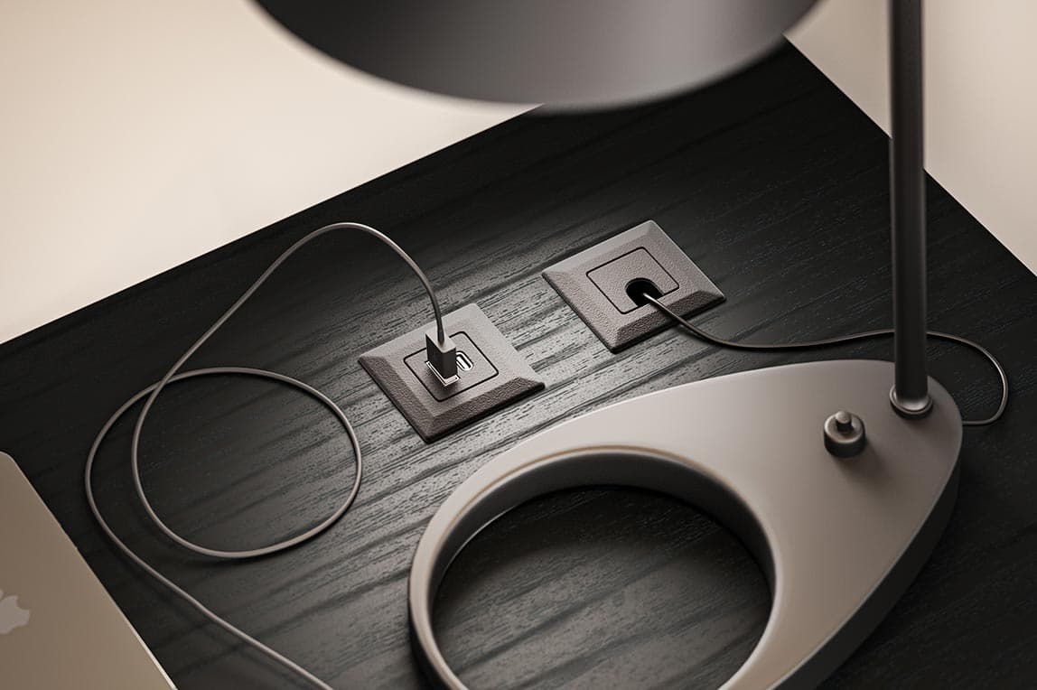 Diseño de cables de energía integrados en la superficie para oficina en casa de California Closets