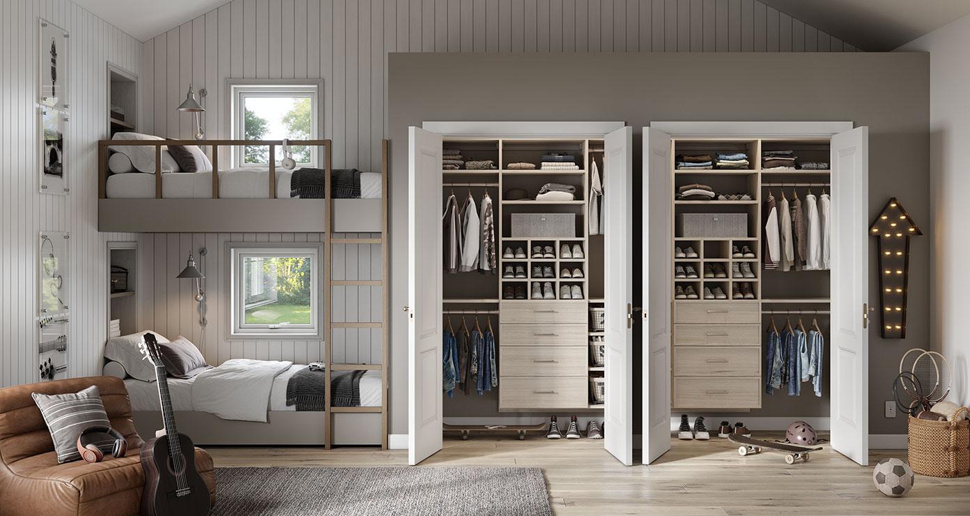 Shared bedroom dual reach in closets for boys room wardrobe storage by California Closets