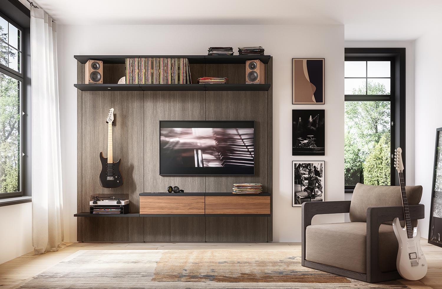 Built in dresser drawers in closet under lighting shelf by California Closets