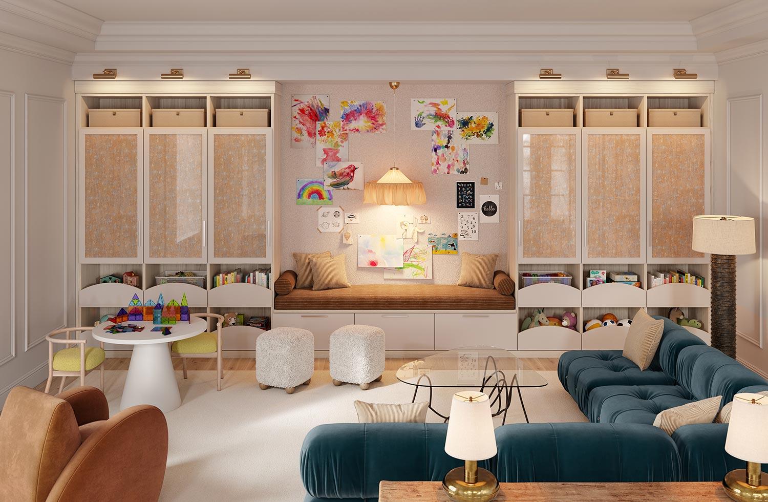 Sala de estar familiar hecha a medida con cajones de almacenamiento por California Closets