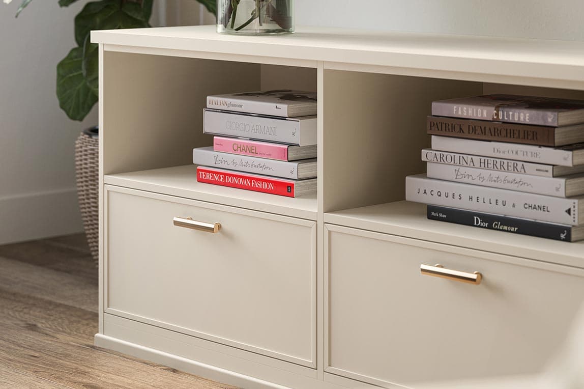 Living room drawers in a light wood finish designed by California Closets
