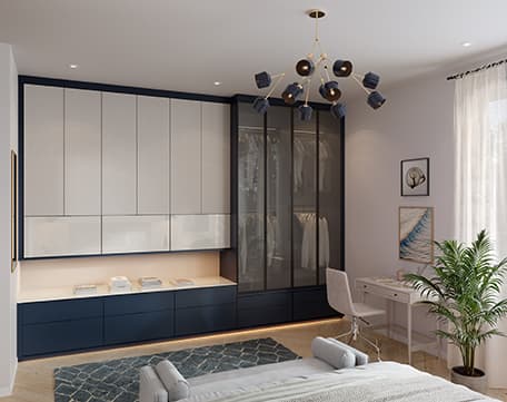 Armarios diseñados en acabados claros y oscuros con gabinetes y cajones personalizados de California Closets
