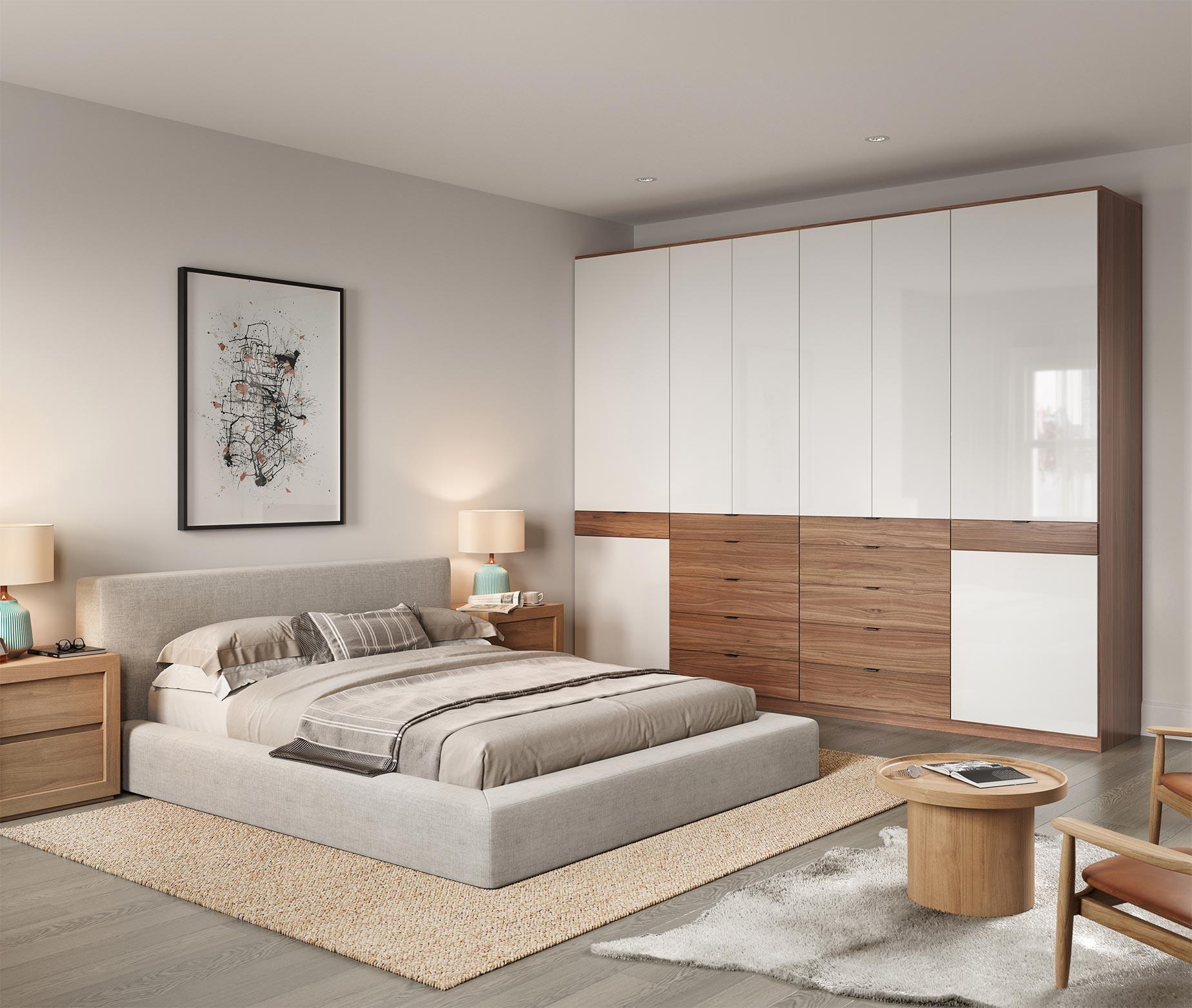 Custom wardrobe cabinets white gloss finish for storage designs by California Closets