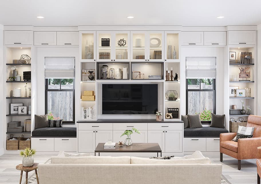 Farm style classic white entertainment center layout in living room by California Closets