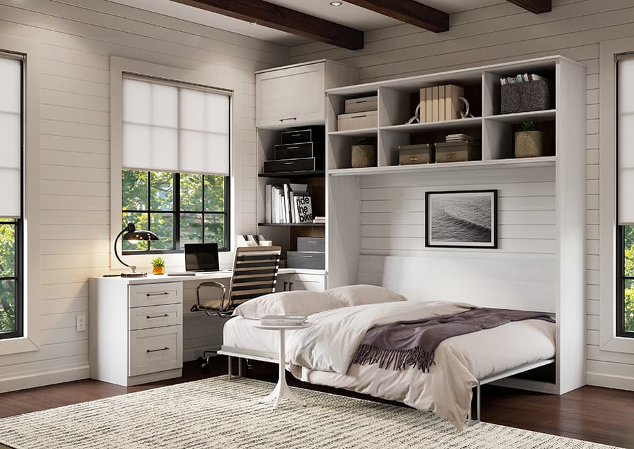 Queen Murphy wall bed opened with built in desk and storage by California Closets