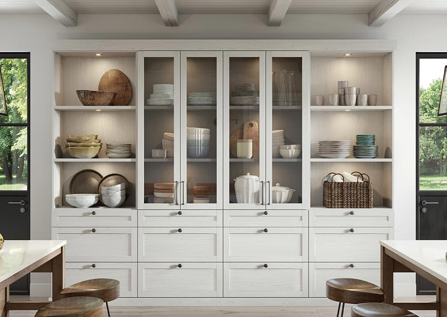 Glass door cabinets for pantry with custom lighting and open shelves by California Closets