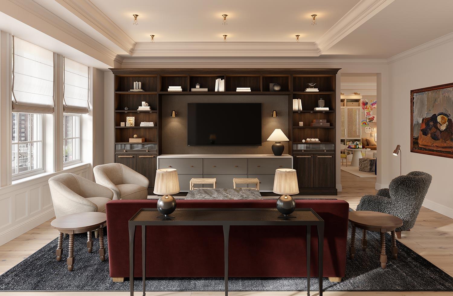 Espacio habitable de lujo para la relajación y el entretenimiento con almacenamiento para mantener las cosas organizadas por California Closets