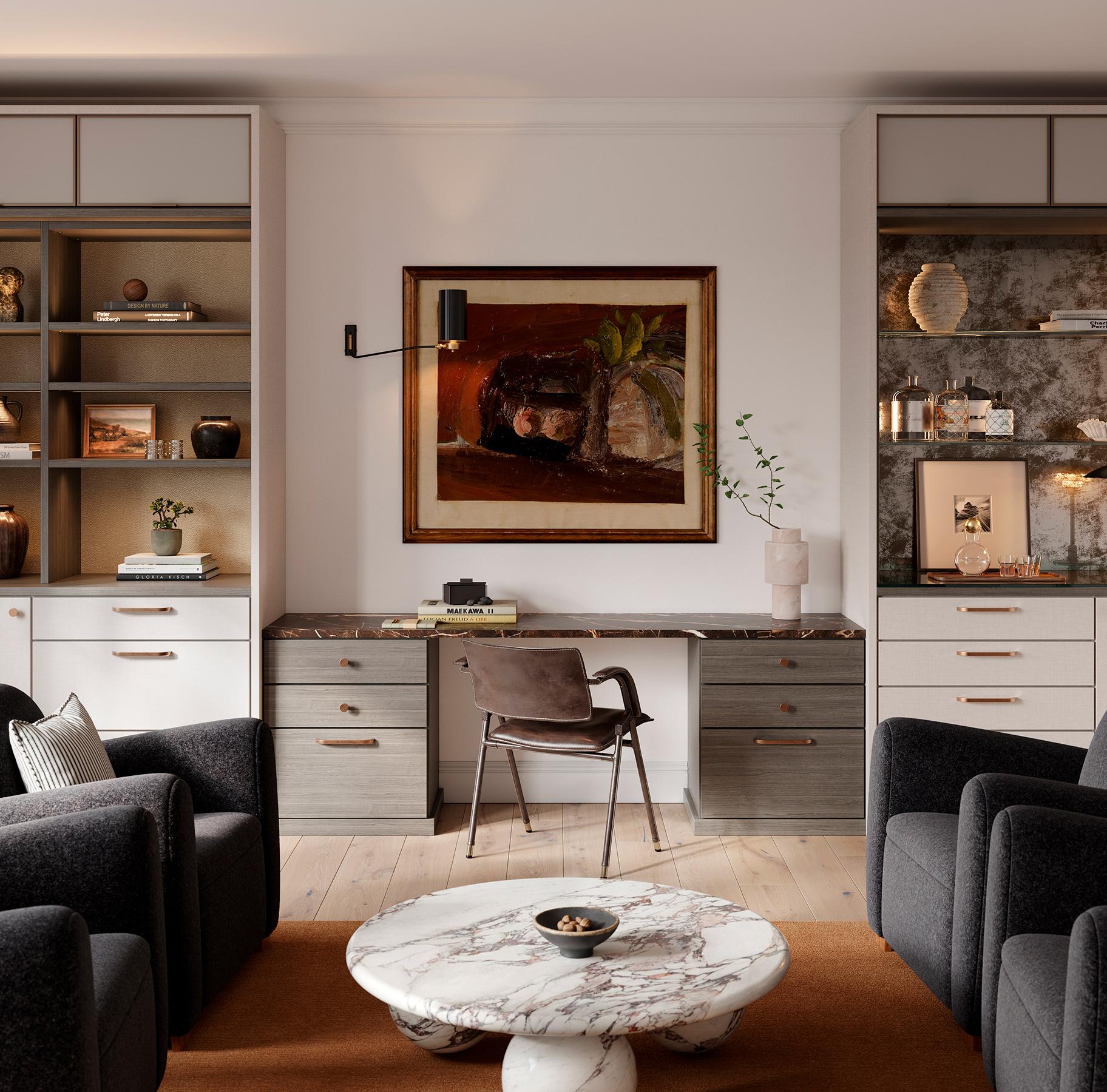 Área de sala de estar con oficina en casa y barra personalizada en acabado de madera de fresno de California Closets