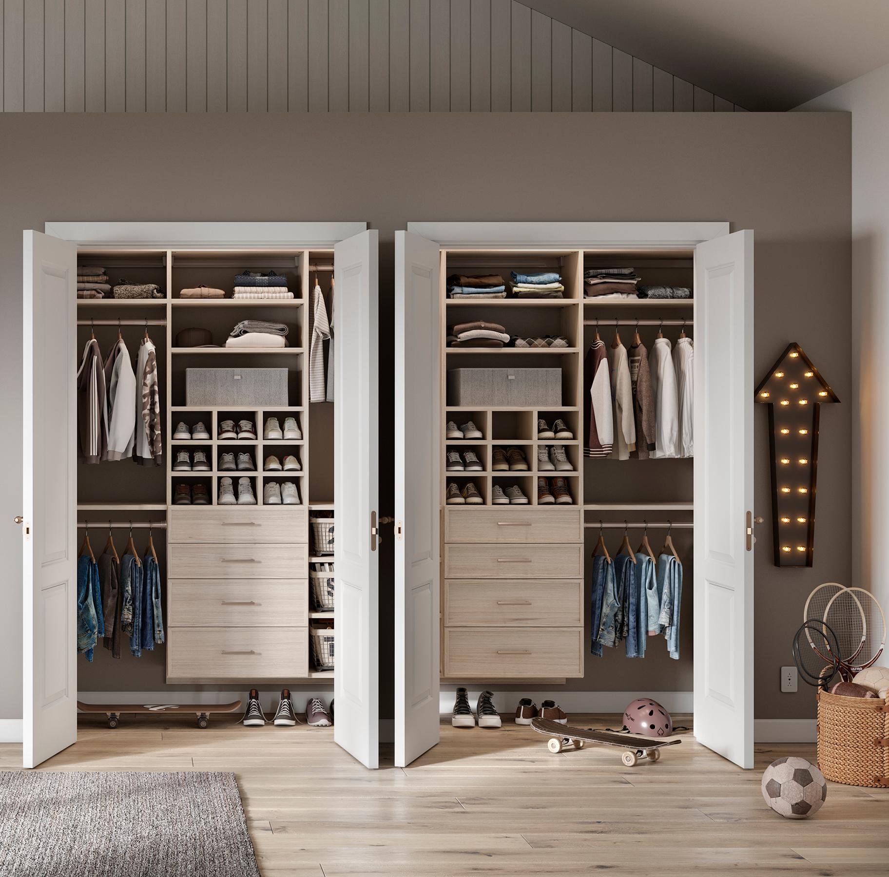 Customized kids closets for twins reach in closet shared space by California Closets