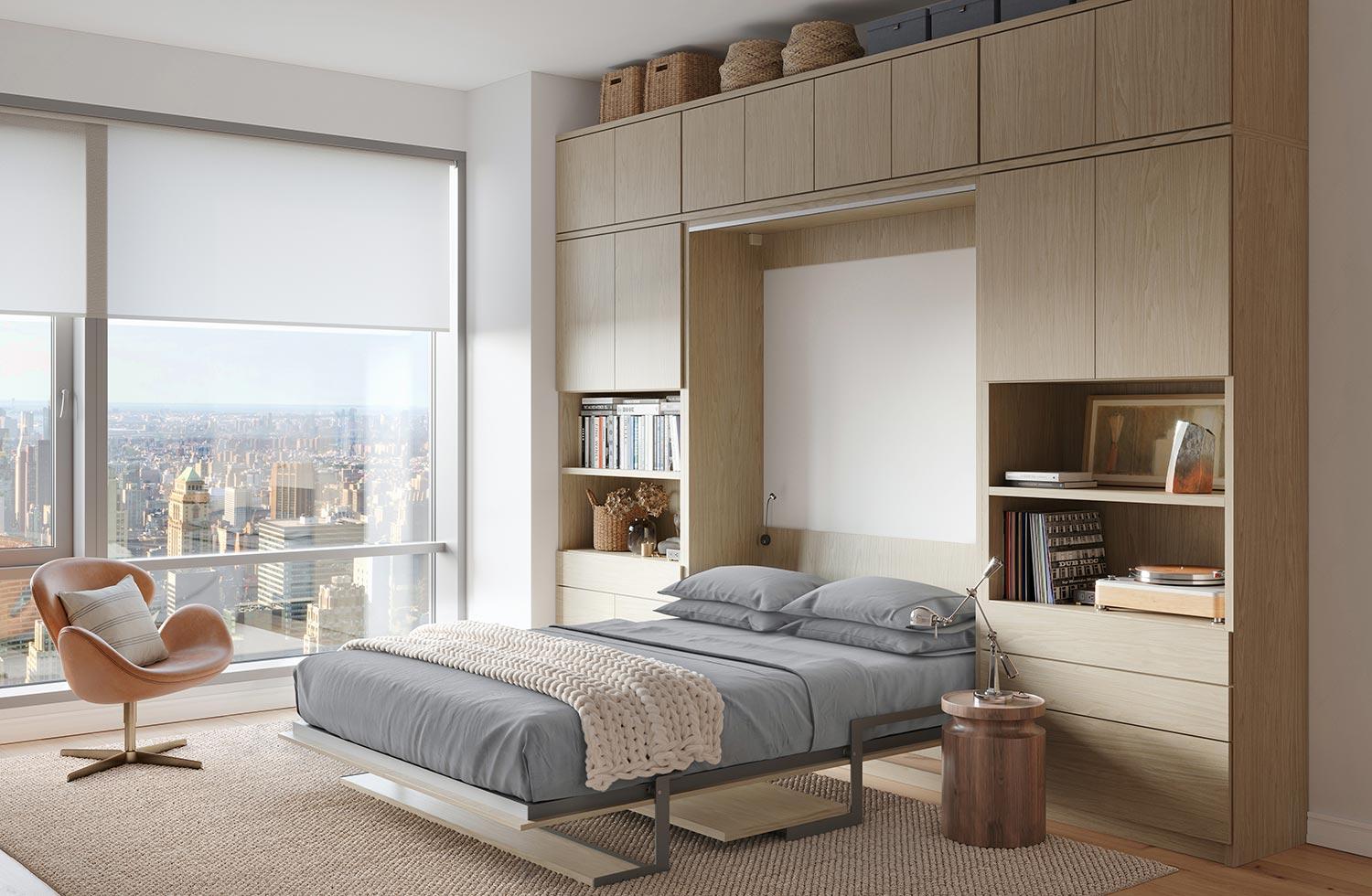 Cama plegable abierta personalizada con armarios y estantes de California Closets