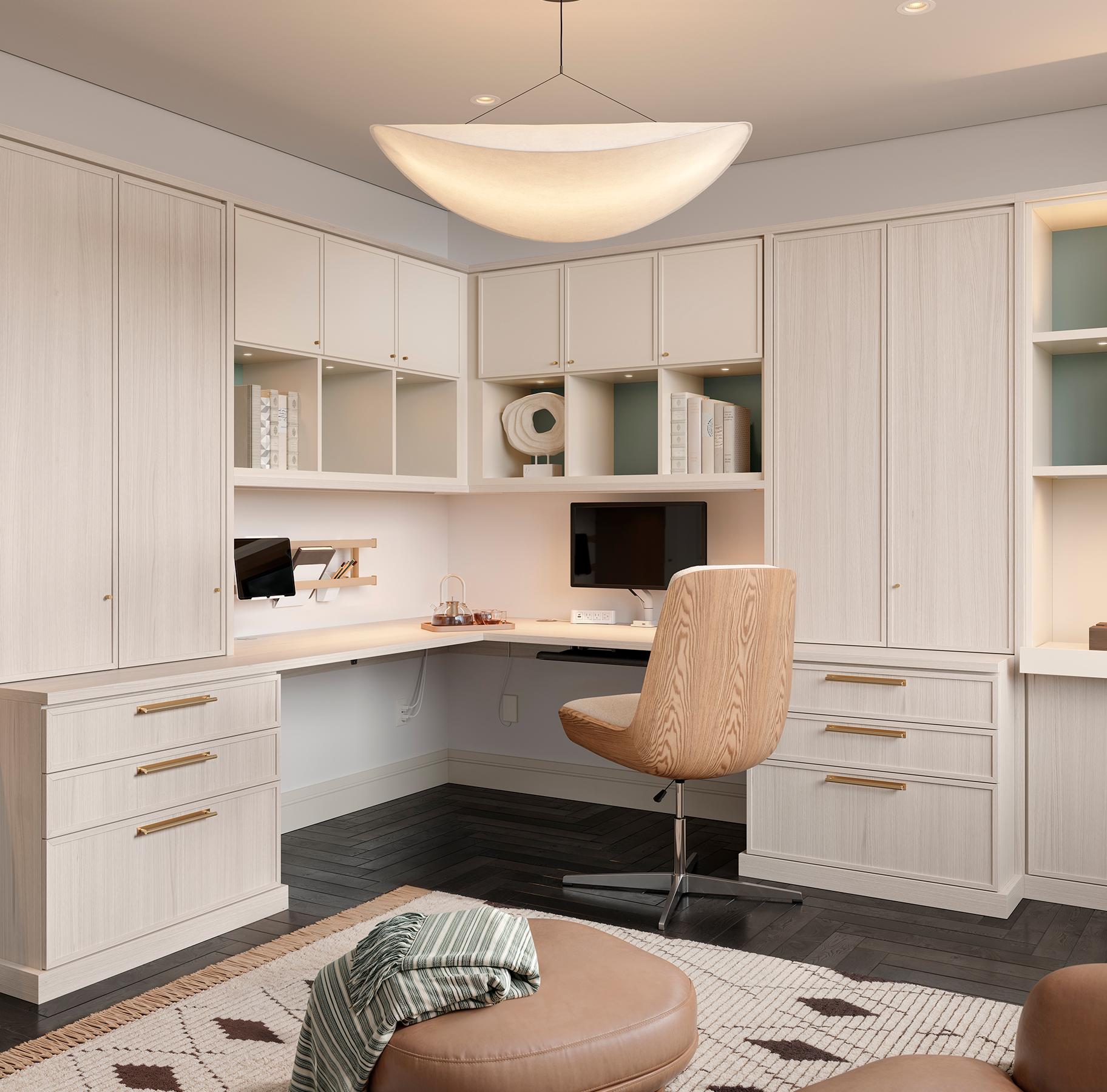 Custom corner desk solution for your home space in a morning light finish by California Closets