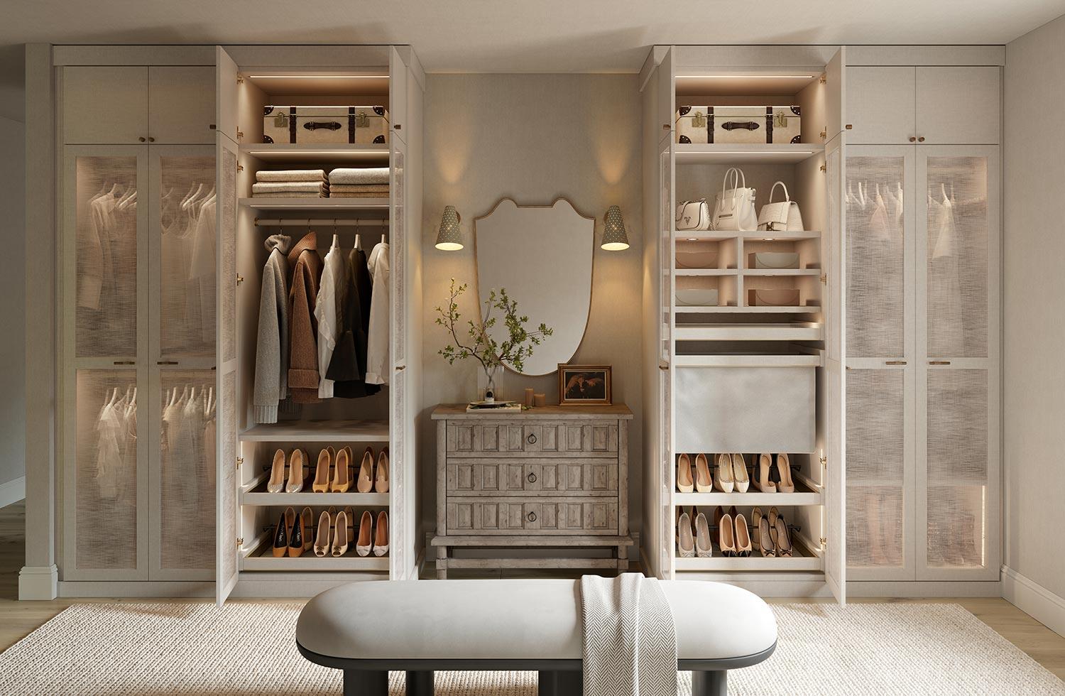 White finish and ecoresin closet door design by Jeremiah Brent for California Closets