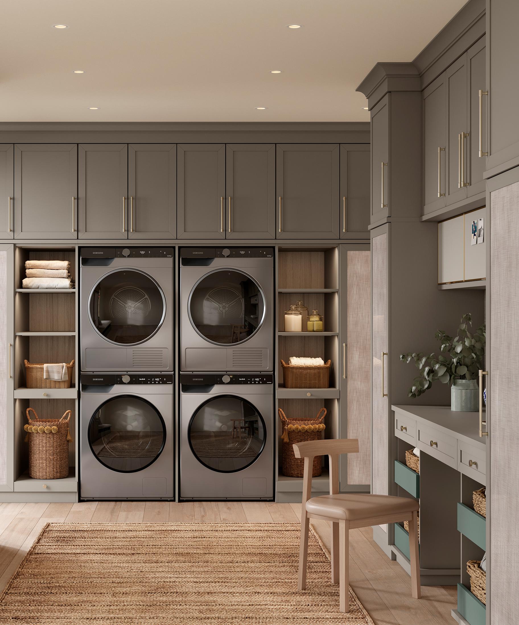 Laundry room organizer shelves for entryway space with lighting by California Closets