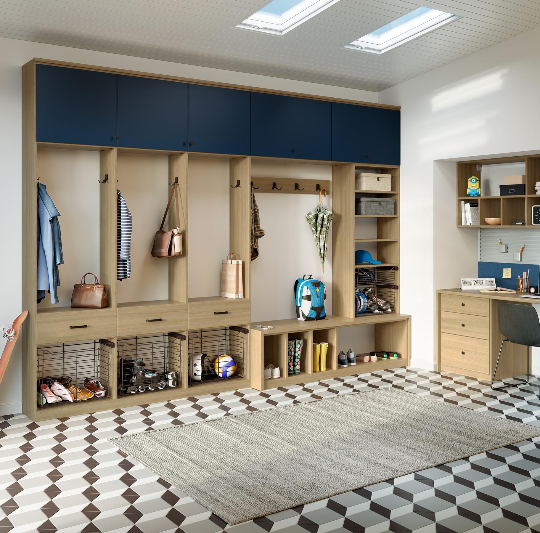 Custom mudroom solution with custom cabinets and hooks designed by California Closets