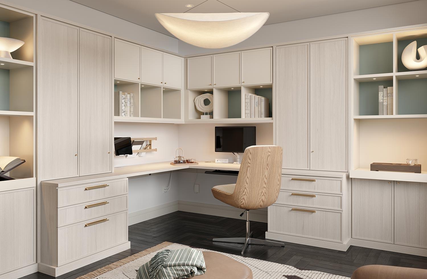 Home office built in with custom cabinets in a light wood finish by California Closets